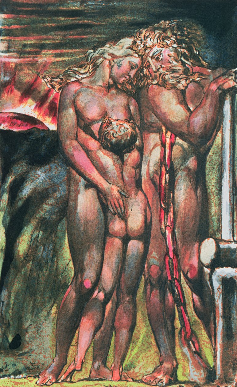 O primeiro livro de Urizen; Los na forja com Enitharmon e Orc, mostrando o &39;ciúme&39; de Orc, seu filho, resultando no aperto da cinta em volta do pescoço, 1794 (relevo gravado a cores etch de William Blake