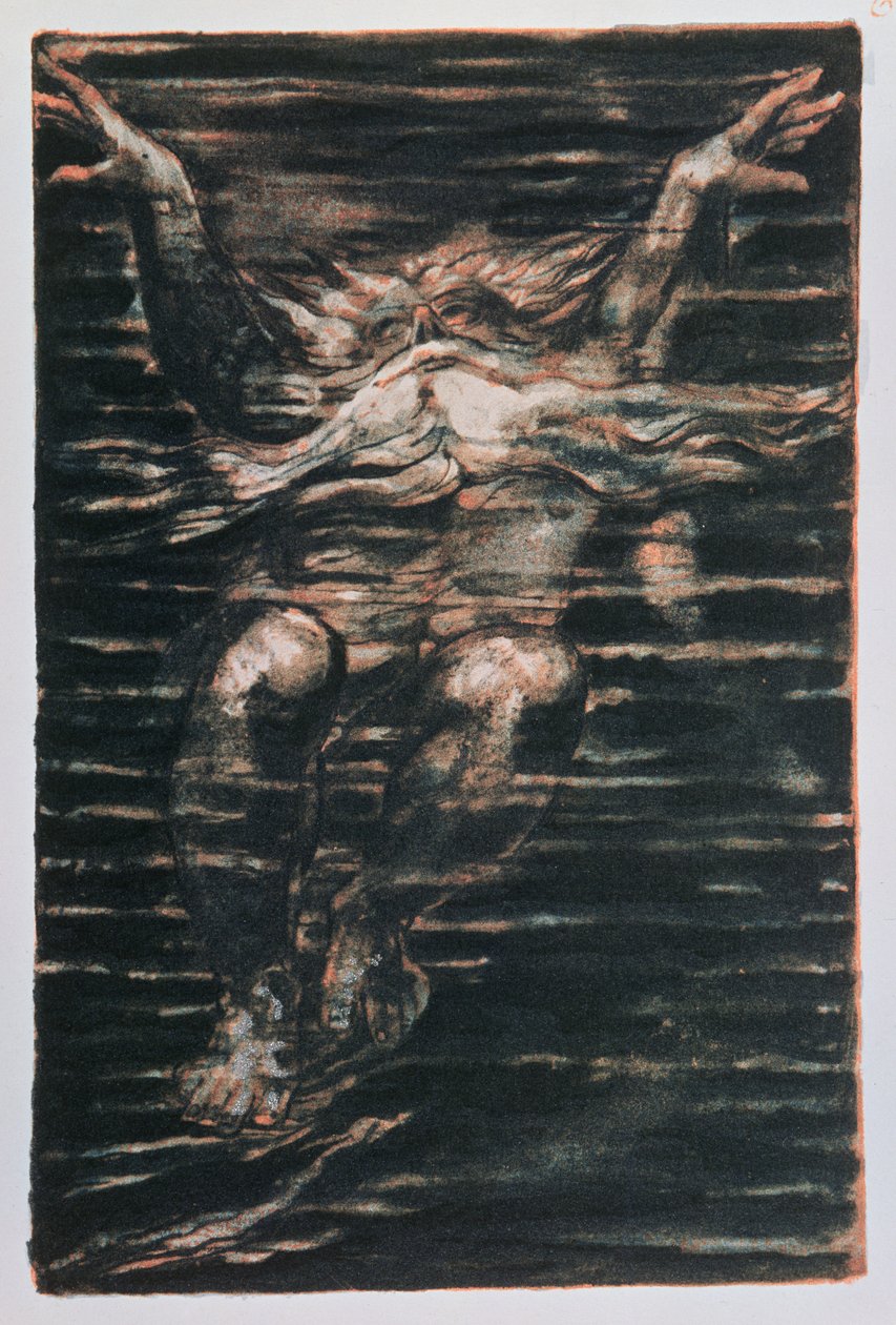 O primeiro livro de Urizen; Homem barbudo, natação, através, água, 1794, (cor-printed, alívio, etching) de William Blake