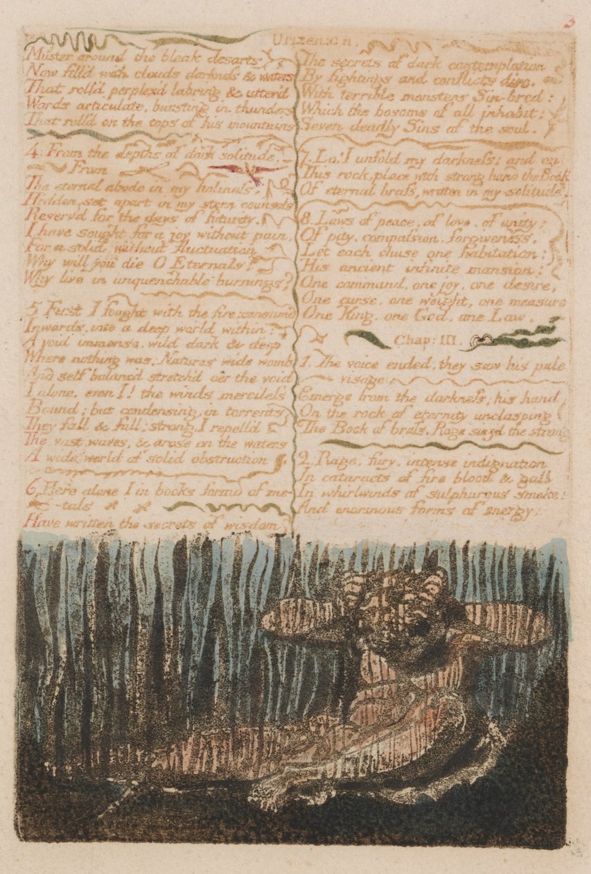 O primeiro livro de Urizen, placa 6, reunir em torno do Desarts desolado…. (Bentley 4) de William Blake