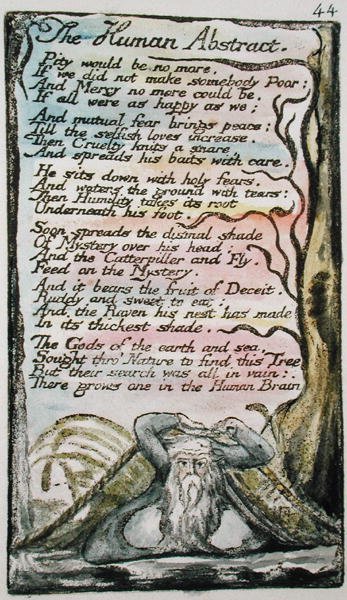 The Human Abstract, prato 44 (Bentley 47) de Songs of Innocence e de Experience (Bentley Copy L) 1789-94 (gravura em relevo com caneta e wc no papel) de William Blake