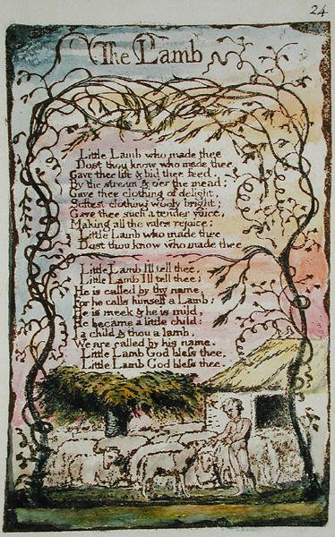 O cordeiro, ilustração de canções da inocência e da experiência, (Bentley Cópia L) pl.24 (Bentley 8) 1789-94 (gravura do relevo com pena & wc no papel) de William Blake