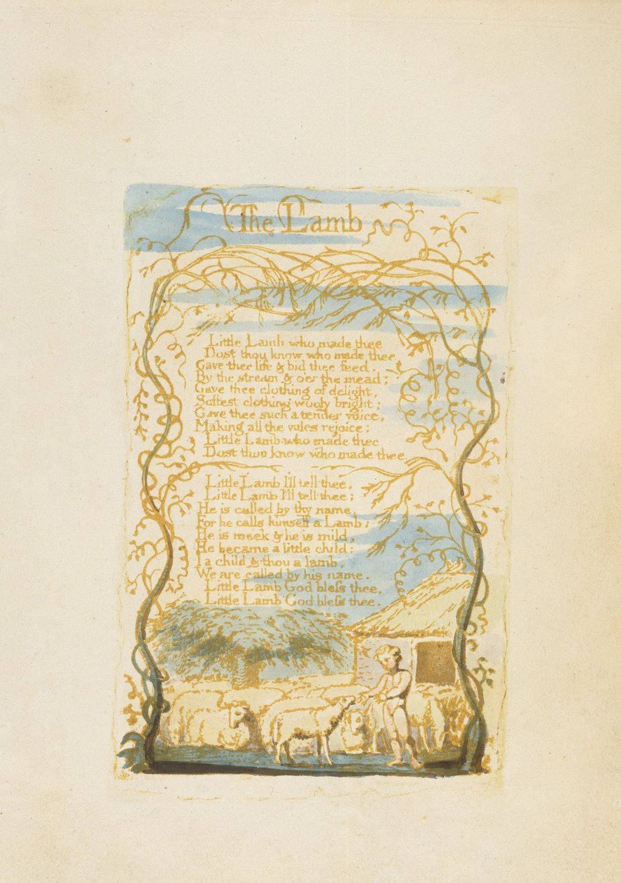 &39;The Lamb&39;, prato 8 de &39;Songs of Innocence&39;, 1789 (gravura em relevo com wc no papel) de William Blake