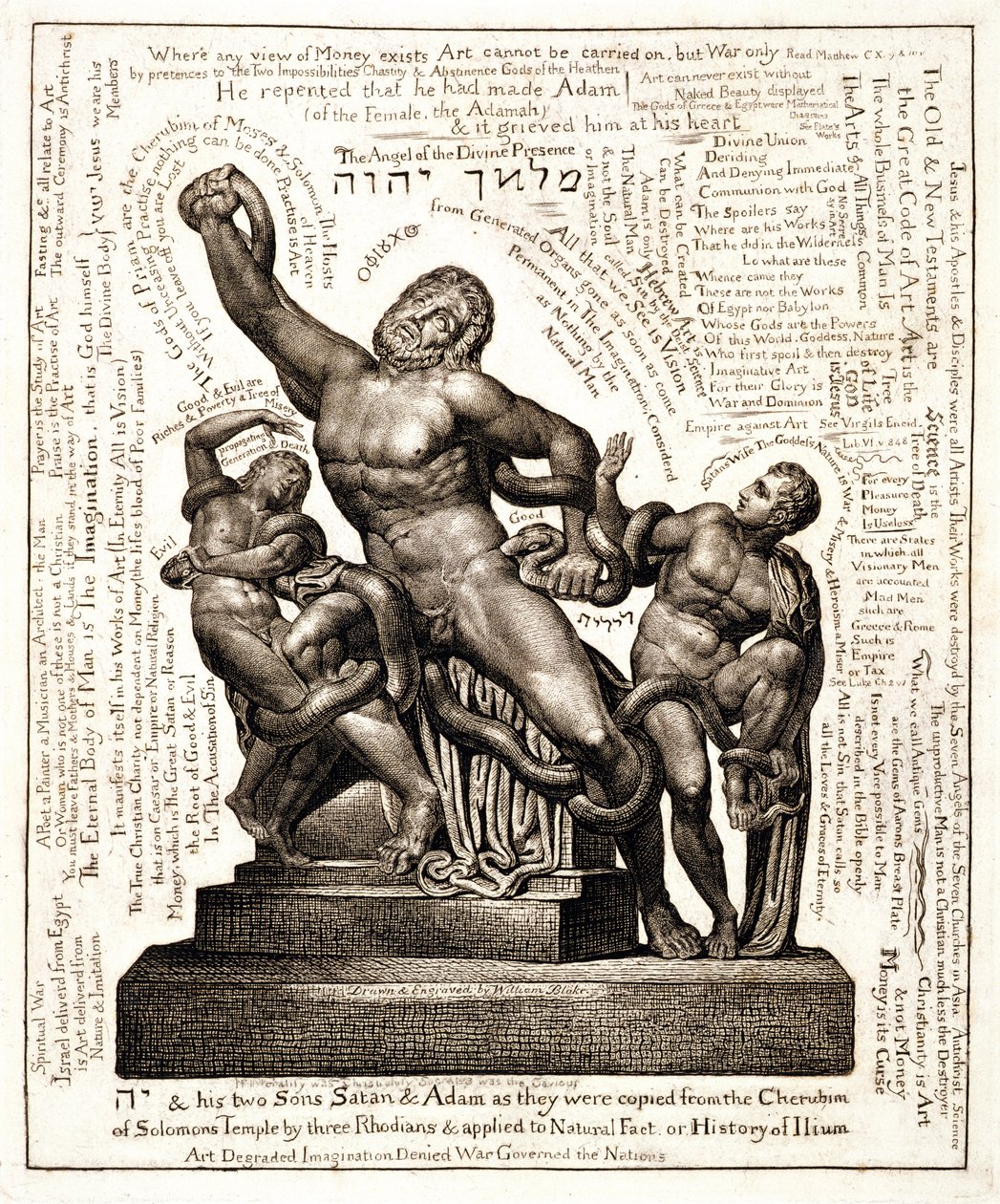 O Laocoonte como Jeová com Satanás e Adão, c.1820 (linha de gravura) de William Blake