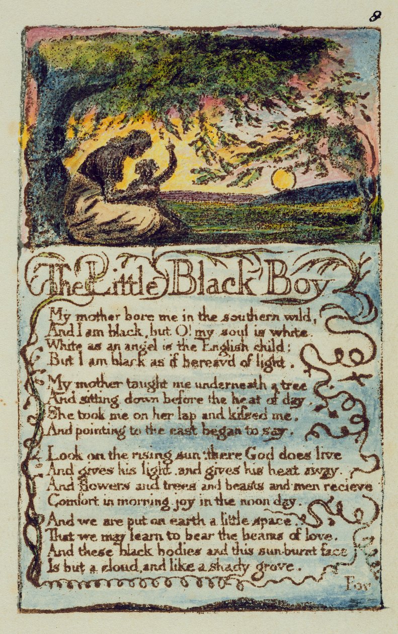 &39;The Little Black Boy&39;, prato 8 (Bentley 9) de &39;Songs of Innocence and of Experience&39; (Bentley Copy L) 1789-94 (gravura em relevo com caneta e wc) de William Blake