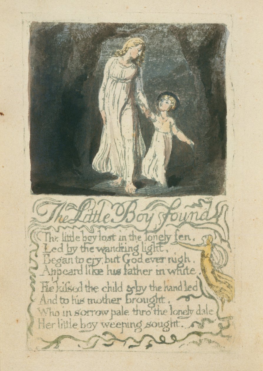 O Garotinho Encontrado, prato 16 de Songs of Innocence, 1789 (relevo colorido à mão com aquarela) de William Blake