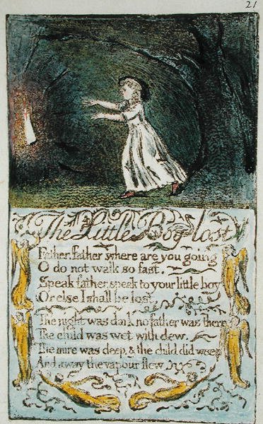 O menino perdido, ilustração de canções da inocência e da experiência (Bentley Cópia L) pl.21 (Bentley 13) 1789-94 (gravura do relevo com pena & wc no papel) de William Blake