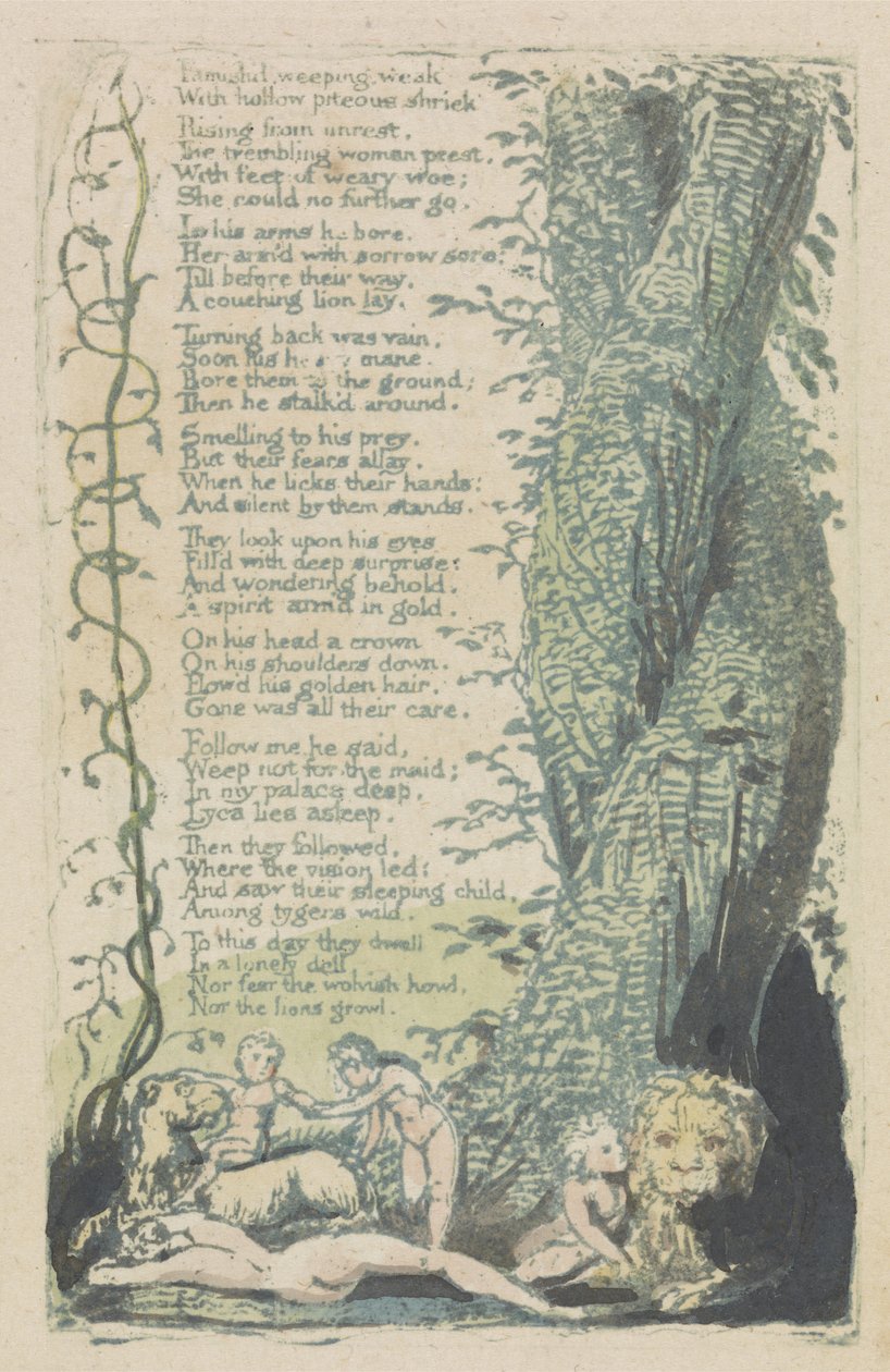A garotinha encontrada, e Famishd chorando ..., prato 2 de The Songs of Innocence, 1789 (relevo colorido à mão com aquarela) de William Blake