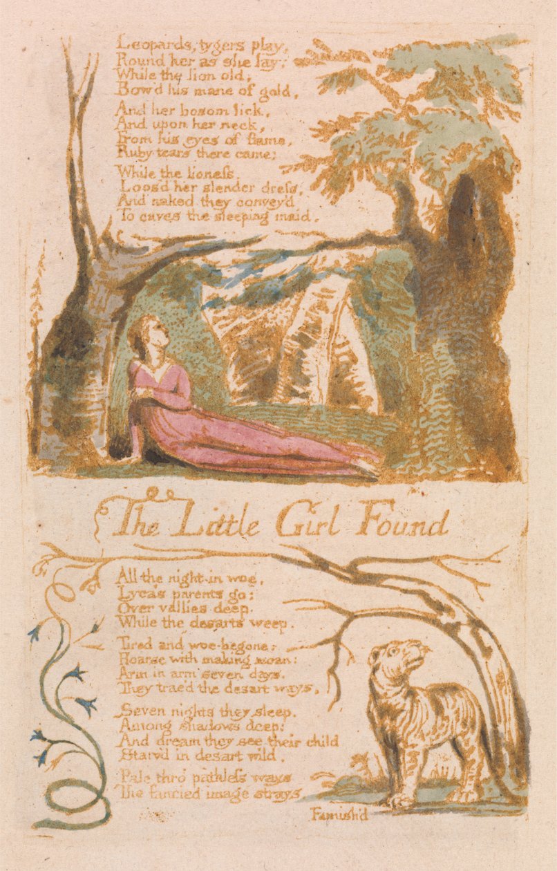 A garotinha encontrada, prato 6 de Songs of Innocence, 1789 (relevo gravado com wc no papel) de William Blake