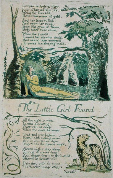 A Little Girl Lost e os Leopardos, tygers play ..., e a Little Girl Found plate 20 de Songs of Innocence, 1789 (relevo colorido à mão com aquarela) de William Blake