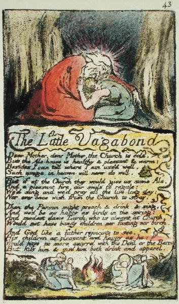 O Pequeno Vagabundo, placa 43 (Bentley 45) de Songs of Innocence e de Experience (Bentley Copy L) 1789-94 (gravura em relevo com caneta e wc) de William Blake