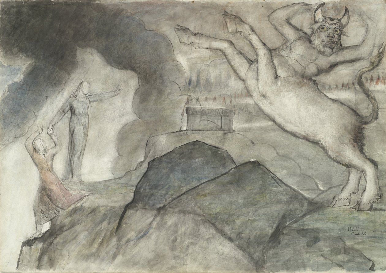 O Minotauro, ilustração à Divina Comédia de Dante Alighieri, 1824-27 (caneta e tinta com wc sobre lápis e giz sobre papel) de William Blake