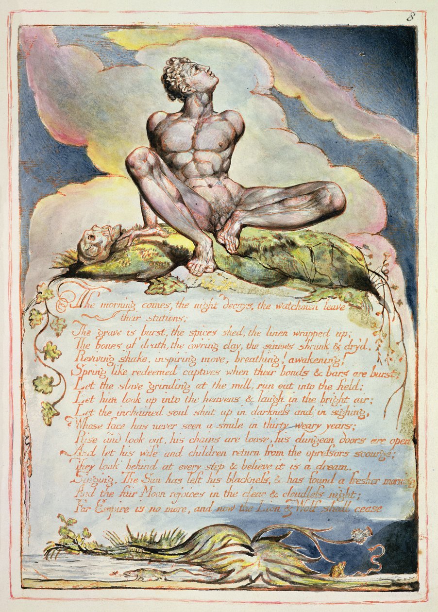 The Morning Comes, prato 6 de &39;America, a Prophecy&39;, 1793 (gravura em relevo e wc no papel) de William Blake