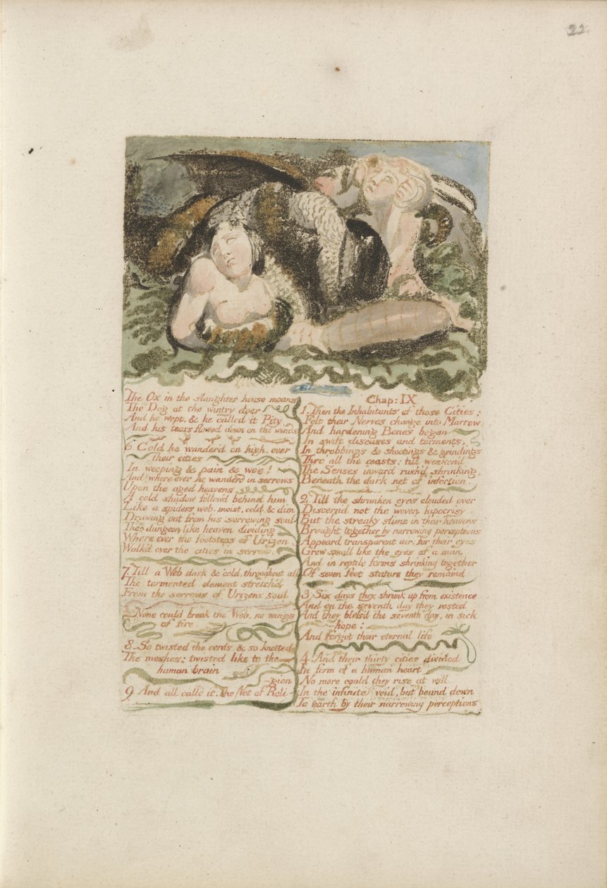 O Boi no matadouro geme ..., placa 26 do Primeiro Livro de Urizen, 1794 (gravura em relevo a cores com tinta e wc sobre papel) de William Blake