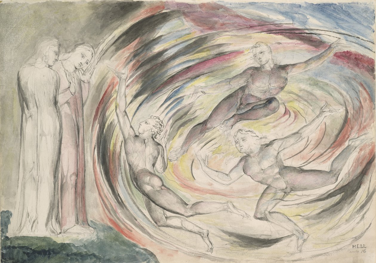 A punição de Rusticucci e seus companheiros, ilustração à Divina Comédia de Dante Alighieri, 1824-27 (caneta e tinta com wc sobre lápis e giz sobre papel) de William Blake