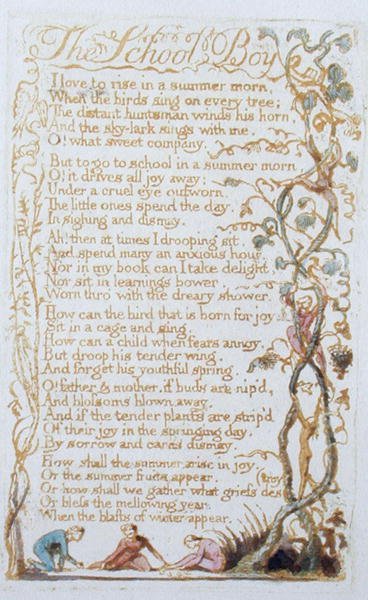 O Garoto da Escola, prato 27 de Songs of Innocence, 1789 (gravura em relevo com wc) de William Blake