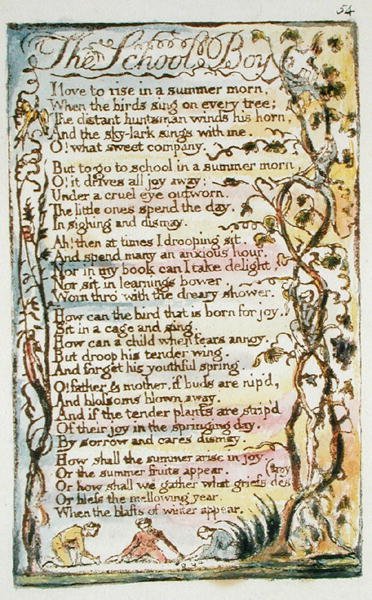 O menino de escola, placa 54 (Bentley 53) de canções da inocência e da experiência, (cópia de Bentley L) c.1789-94 (gravura do relevo com pena e wc) de William Blake