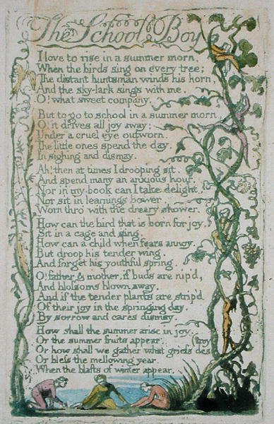 O Garoto da Escola, prato 12 de Songs of Innocence, 1789 (relevo colorido à mão com aquarela) de William Blake