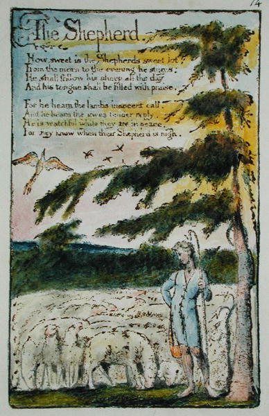 O pastor, ilustração de canções da inocência e da experiência, (Bentley Cópia L) pl.14 (Bentley 5) 1789-94 (gravura do relevo com pena & wc no papel) de William Blake