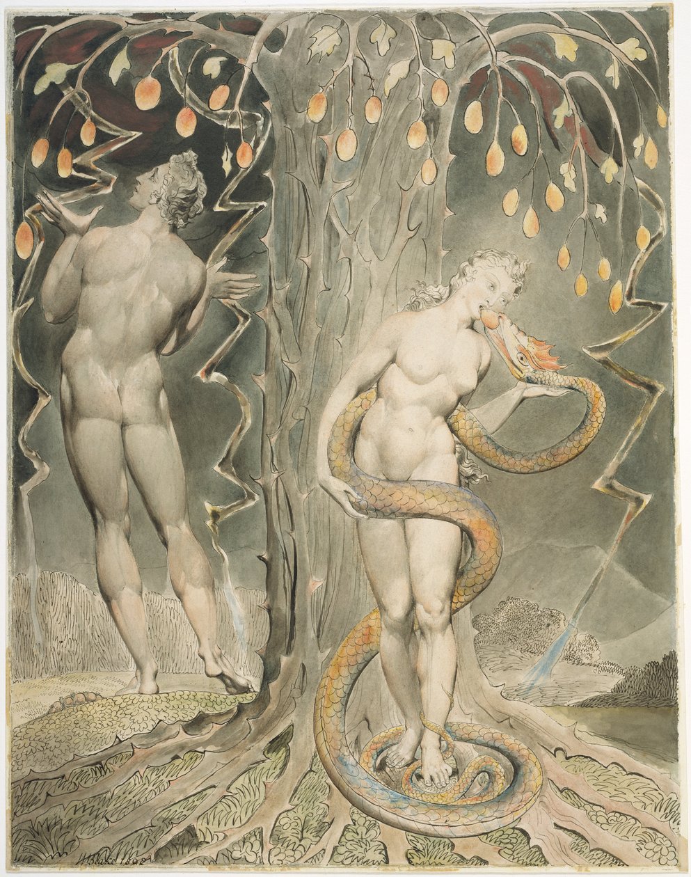 A Tentação e a Queda da Ilustração de Eva ao Paraíso de Milton Perdido de William Blake