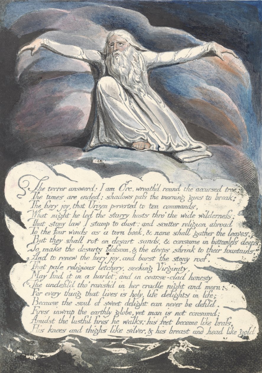 O Terror respondeu ..., placa 10 da America: A Prophecy, 1793 (gravura em relevo impressa em preto com caneta e tinta e wc) de William Blake