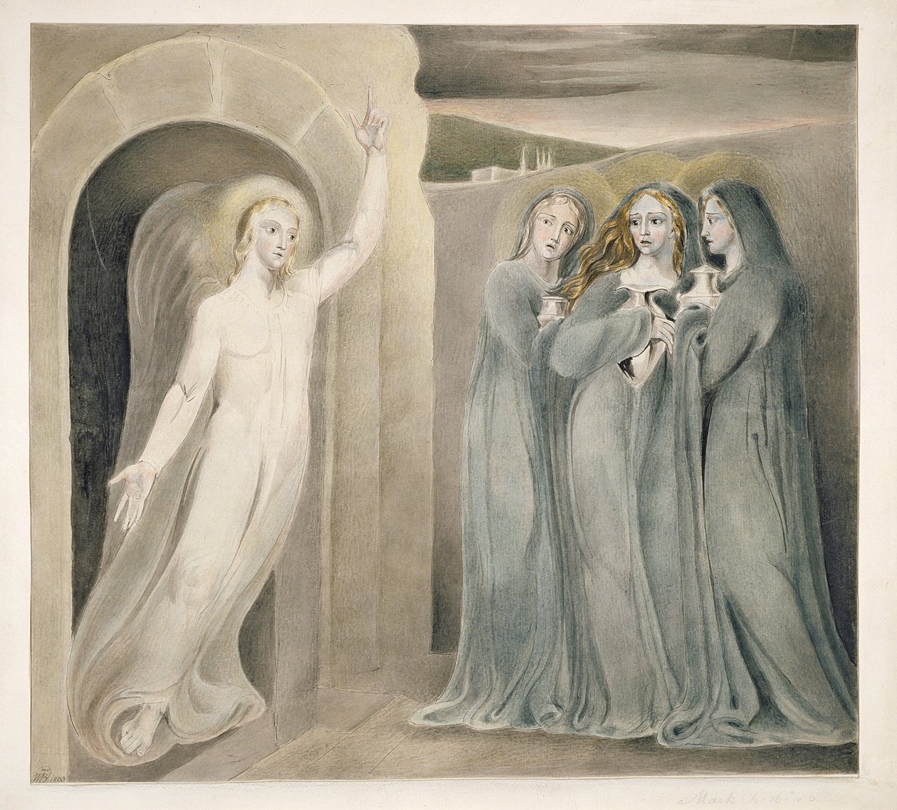 As Três Marias no Sepulcro, c.1800 (caneta e tinta com lavagem e wc no papel) de William Blake