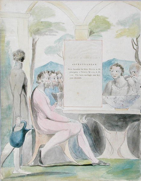 Os triunfos de Owen, projeto 88 de Os poemas de Thomas Gray, 1797-98 (wc com caneta e tinta no papel) de William Blake