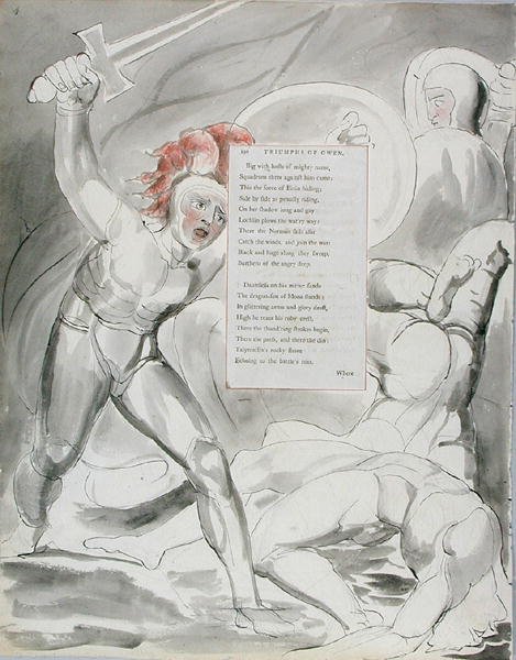 Os triunfos de Owen, projeto 90 de Os poemas de Thomas Gray, 1797-98 (wc com caneta e tinta no papel) de William Blake