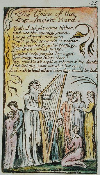 A Voz do Antigo Bardo, ilustração de Canções da Inocência e da Experiência, (Bentley Copiar L) pl.25 (Bentley 54) 1789-94 (gravura em relevo com caneta e wc no papel) de William Blake