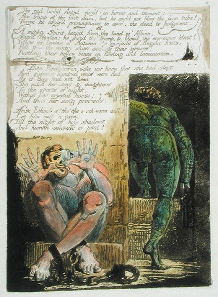 O vermelho limbd Angel ..., prato 15 da Europa. A Prophecy, 1794 (gravura em relevo impressa em marrom escuro com wc e óleo sobre papel) de William Blake