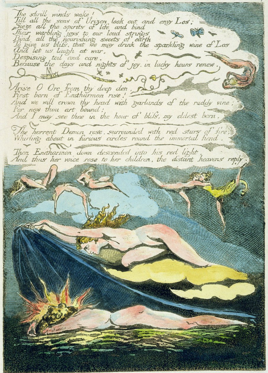 &39;Os ventos estridentes despertam ...&39;, prato 5 da &39;Europa. Uma Profecia &39;, 1794 (gravura em relevo com óleo e wc) de William Blake