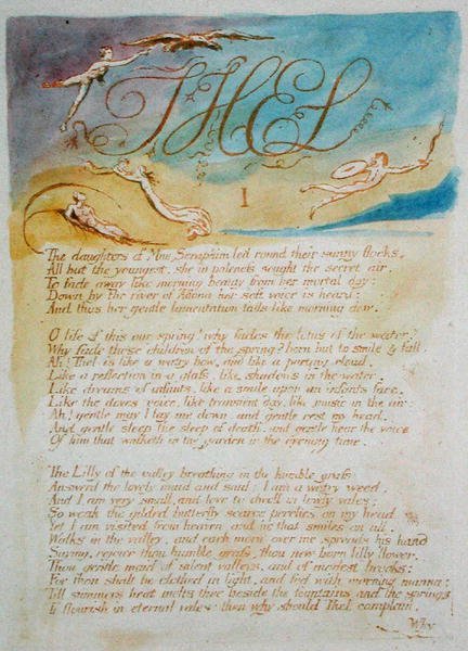 Thel I As Filhas do Mês Serafim ..., prato 3 do Livro de Thel, 1789 (gravura em relevo impressa em marrom com wc no papel) de William Blake
