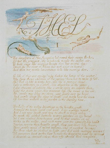As Filhas de Meu Serafim ..., prato 3 de O Livro de Thel, 1789 (relevo colorido à mão gravura com caneta e wc no papel) de William Blake