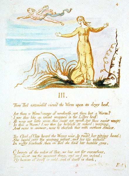 Então Thel Astonishd ..., prato 6 de O Livro de Thel, 1789 (relevo colorido à mão gravura com caneta e wc no papel) de William Blake