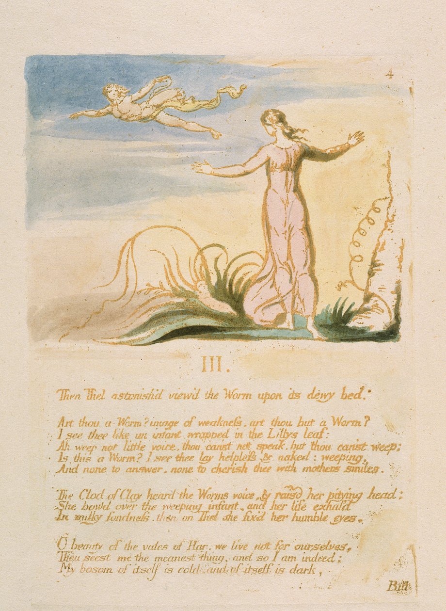 &39;Então Thel surpreendeu ...&39;, prato 6 de &39;The Book of Thel&39;, 1789 (gravura em relevo impressa em marrom com wc) de William Blake