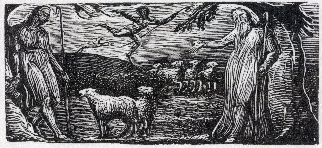 Thenot discursa com Colinet, Lightfoot à distância, ilustração de "The Pastorals of Virgil", do Dr. Thornton de William Blake