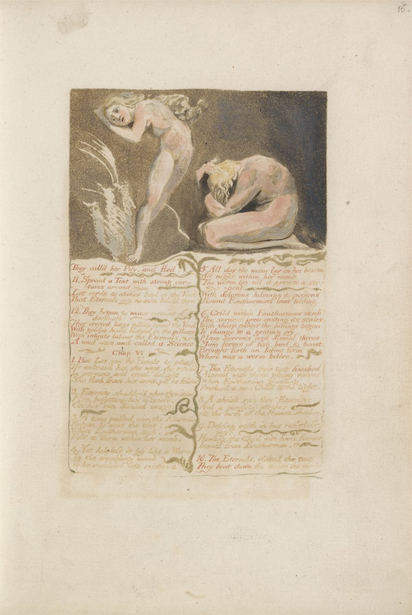 Chamaram-lhe Piedade e fugiram ..., placa 19 de O Primeiro Livro de Urizen, 1794 (gravura em relevo a cores com tinta e wc no papel) de William Blake