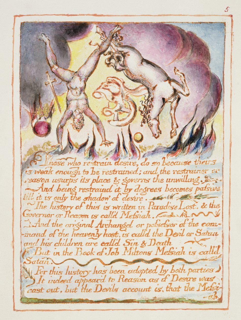 Aqueles que restringem o desejo ..., ilustração e texto de "O Casamento do Céu e do Inferno", c.1790-3 (relevo gravura terminado em caneta e wc) de William Blake