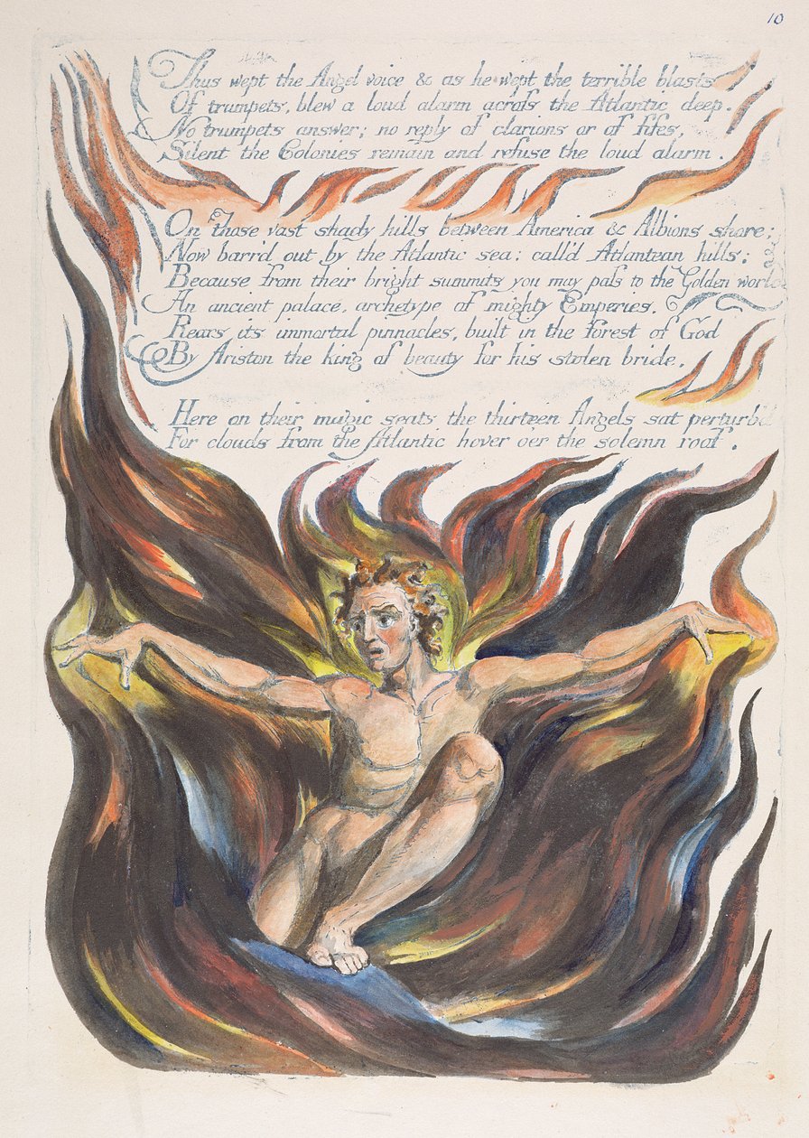 &39;Assim chorou a voz de Anjo ...&39;, prato 12 de &39;America: A Prophecy&39;, 1793 (gravura em relevo impressa em azul com caneta e tinta e wc) de William Blake
