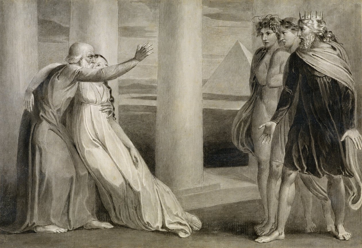 Tiriel Apoiando o Myratana Morrendo e Amaldiçoando seus Filhos, 1786-89 (caneta, tinta e pincel no papel) de William Blake