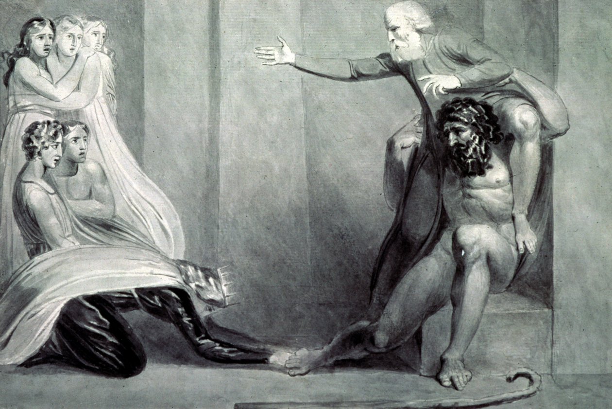 Tiriel, levado de volta ao Palácio nos Ombros de seu Irmão Ijim, dirigindo-se a suas cinco Filhas de William Blake