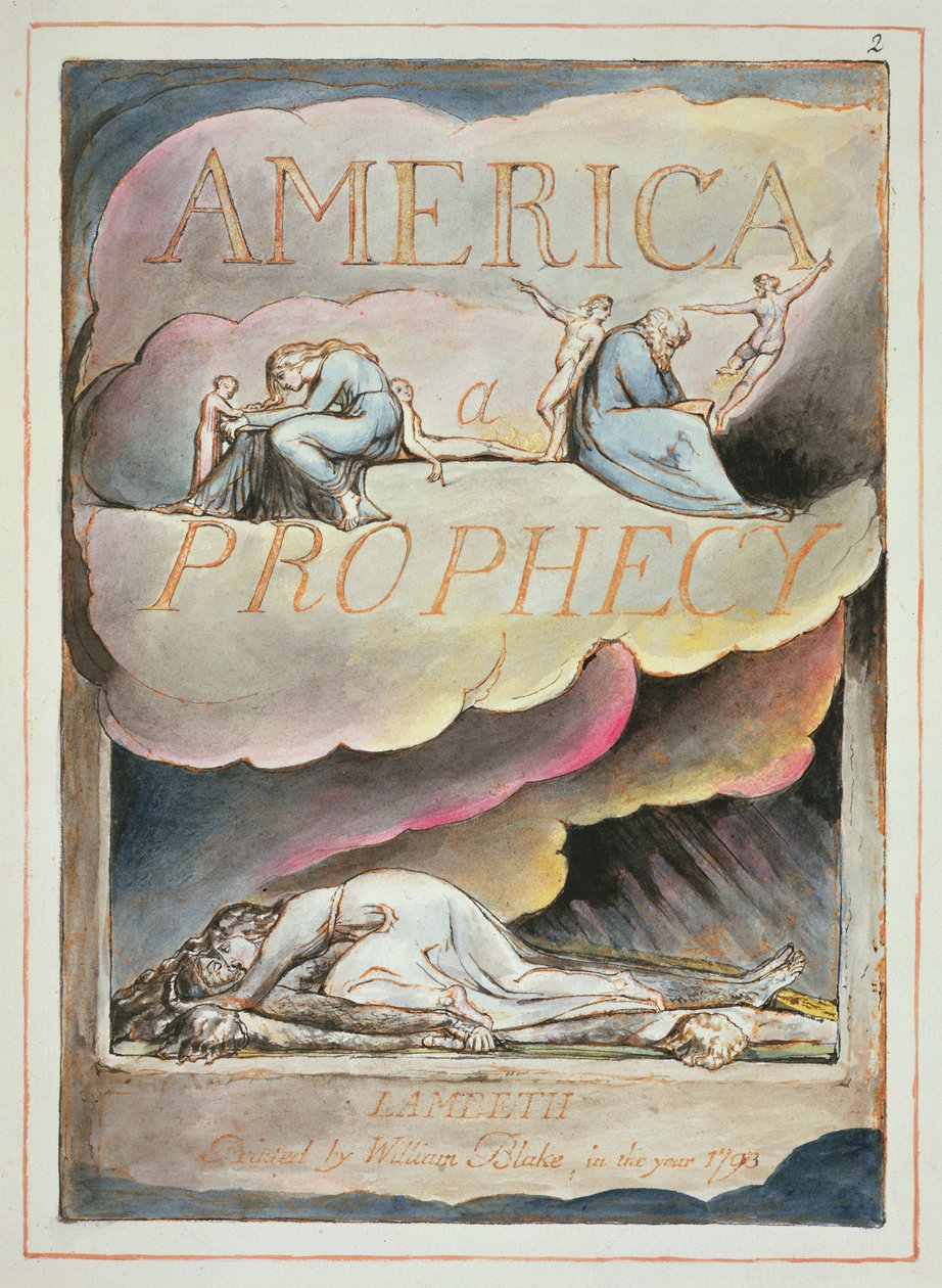 Titlepage to America, uma Profecia, 1793 (gravura em relevo & wc no papel) de William Blake