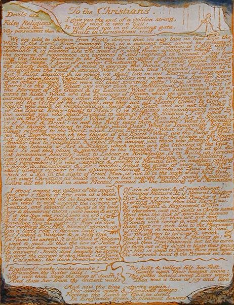 Aos cristãos ..., placa 77 de Jerusalém, 1804-20 (gravura impressa em laranja com caneta e wc no papel) de William Blake