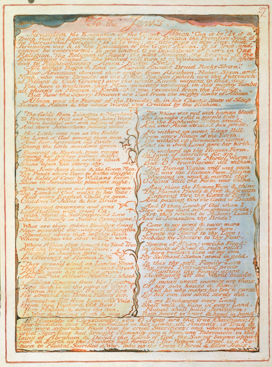 &39;Aos judeus ...&39;, placa 27 de &39;Jerusalém&39;, 1804-20 (gravura impressa em laranja com caneta e wc no papel) de William Blake