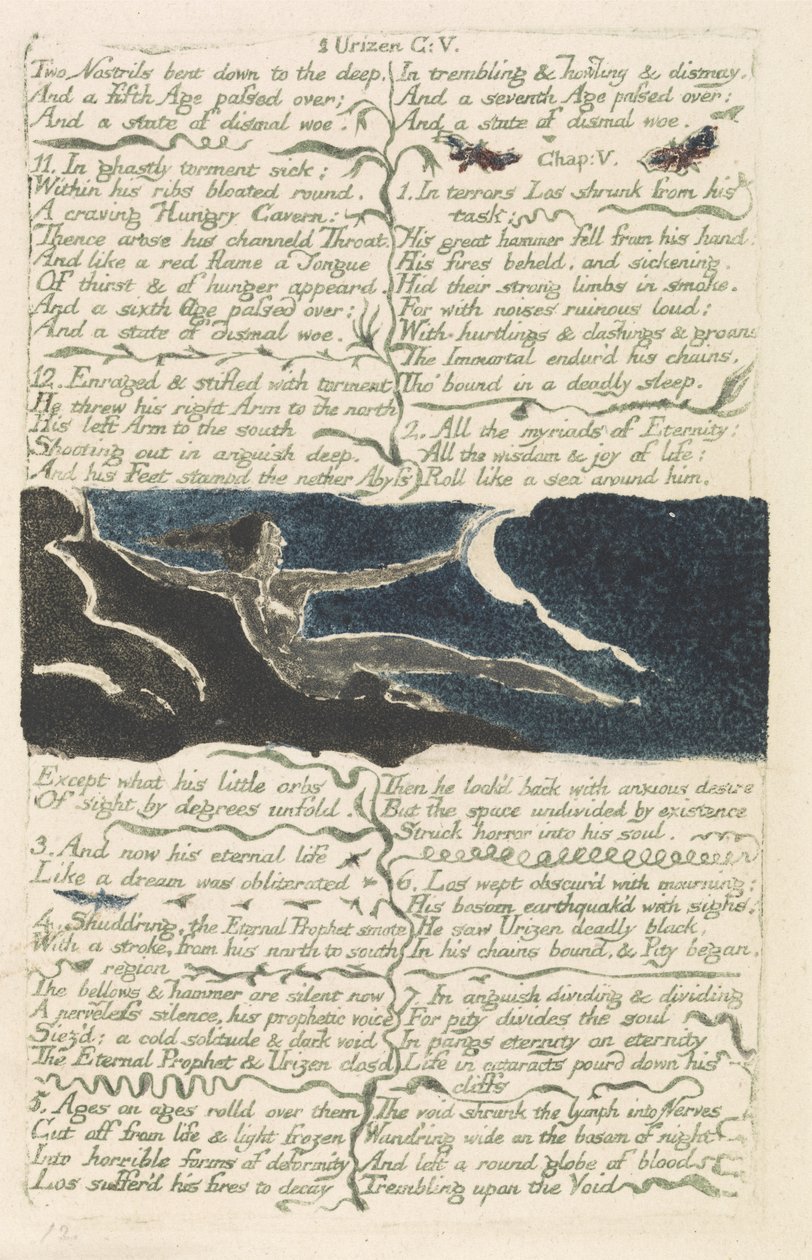 Duas narinas se inclinaram para o fundo ..., prato 11 de O Primeiro Livro de Urizen, 1794 (gravura impressa em relevo a cores com aquarela) de William Blake