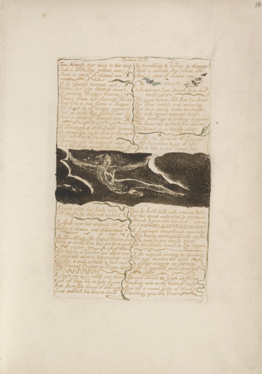 Duas narinas se inclinaram para o fundo ..., placa 16 de O Primeiro Livro de Urizen, 1794 (gravura em relevo com tinta colorida e wc no papel) de William Blake
