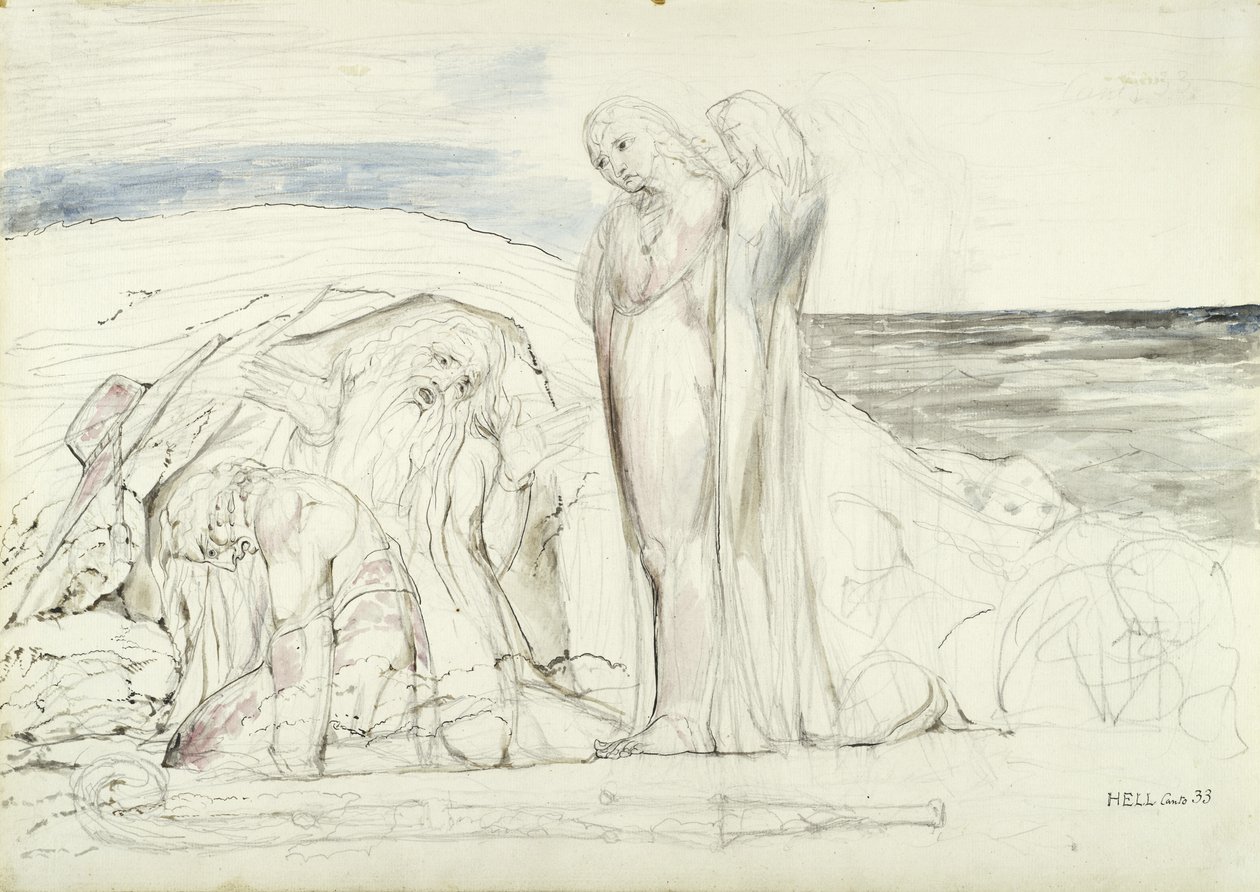 Narrativa Ugolinos, ilustração à Divina Comédia de Dante Alighieri, 1824-27 (caneta e tinta com wc sobre lápis e giz sobre papel) de William Blake