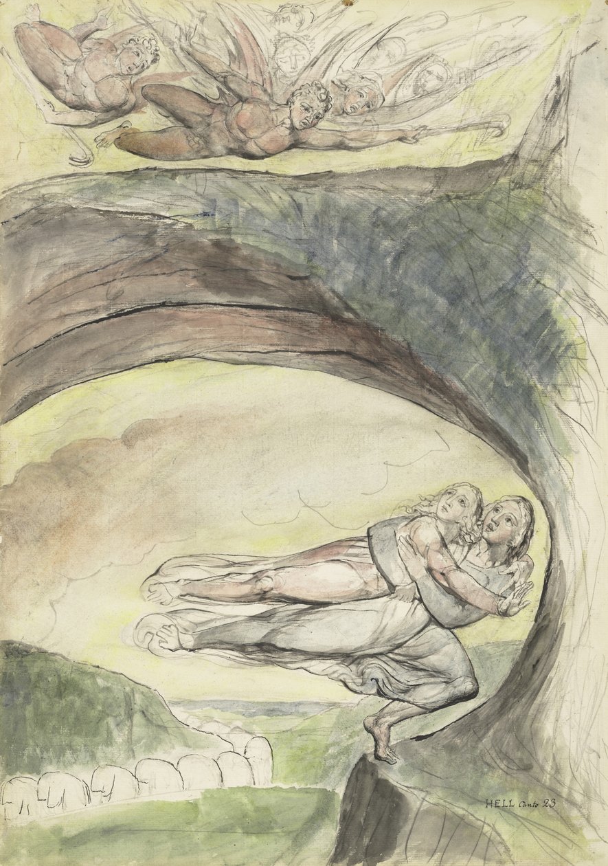 Virgil resgata Dante dos demônios do mal, ilustração à Divina Comédia de Dante Alighieri, 1824-27 (caneta e tinta com wc sobre lápis e giz sobre papel) de William Blake