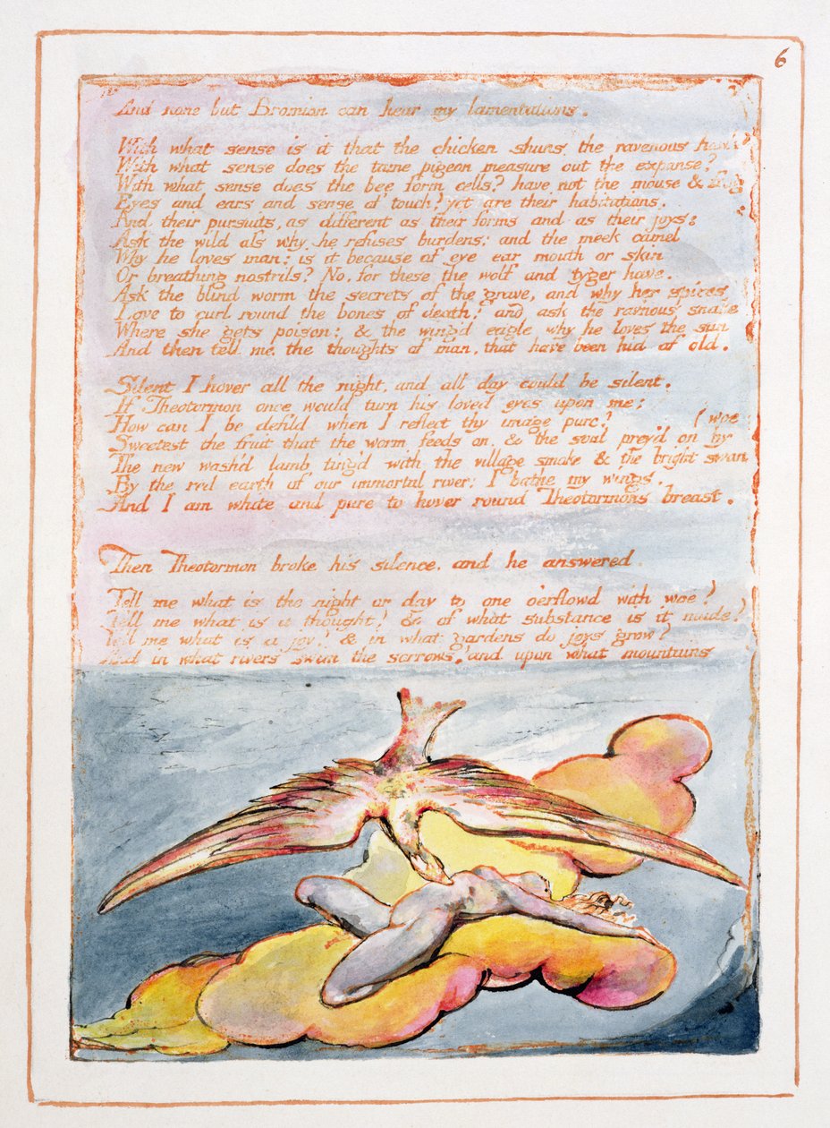 Visões das Filhas de Albion: &39;E ninguém, mas Branian pode ouvir ...&39;, prato 6 projetado em 1793, concluído c.1815 (gravura em relevo com caneta e wc no papel) de William Blake
