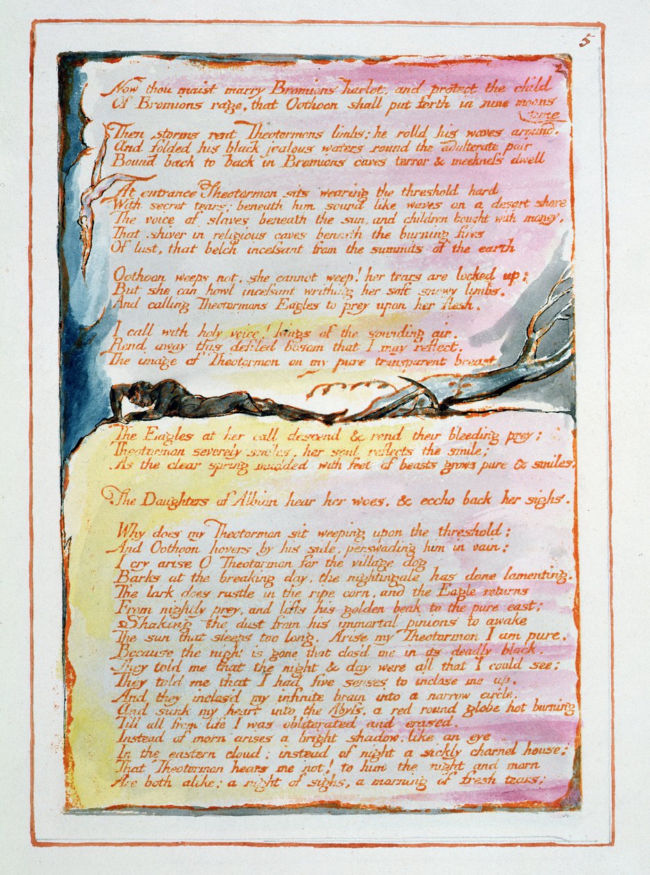 Visões das Filhas de Albion, &39;Agora Tu Maist Marry Bromions Harlot ..&39;, placa 5, projetada em 1793, completou c.1815 (relevo gravura com caneta e wc no papel) de William Blake