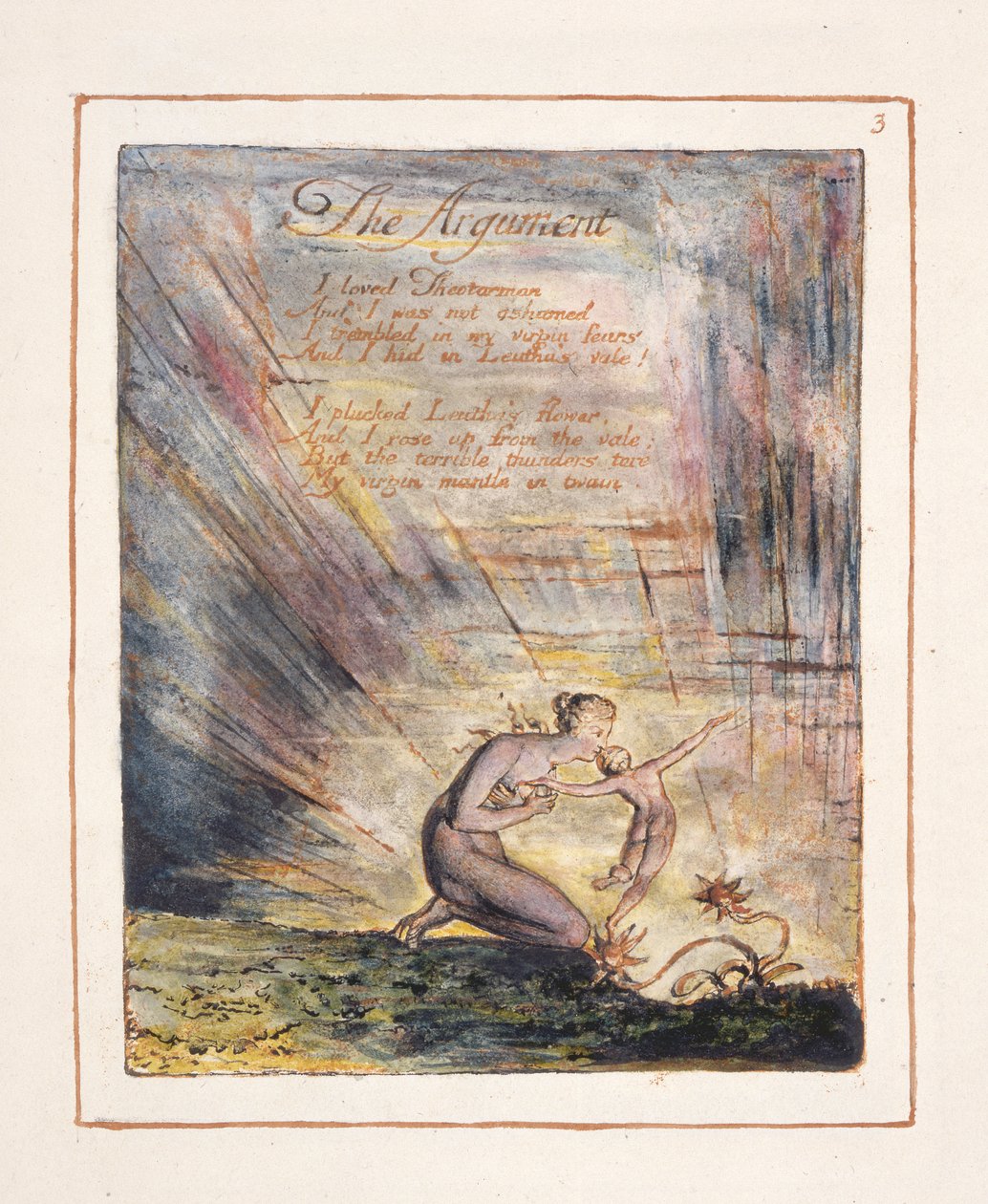Visões das Filhas de Albion: "O Argumento", prato 3, projetado em 1793, completou c.1815 (relevo gravura com caneta e wc no papel) de William Blake